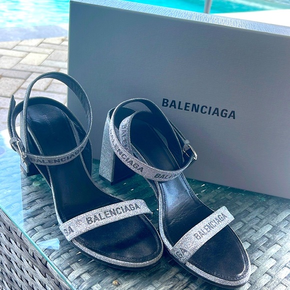 Balenciaga Glitter Allover Logo Ankle Strap Sandals - Picture 1 of 4
